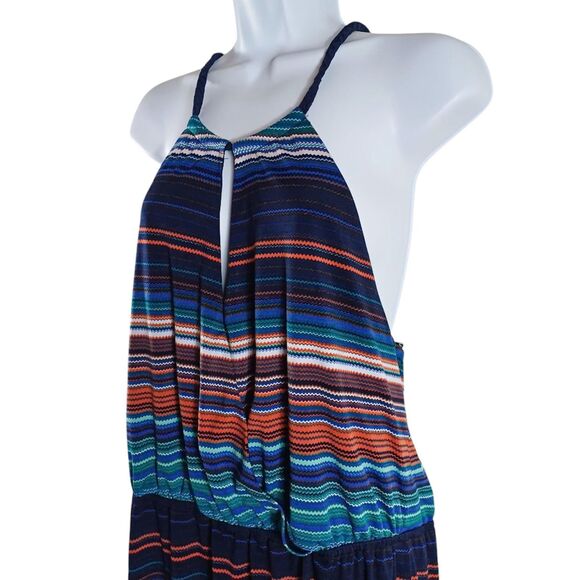 Bisou Maxi Long Dress Sz 14 Southwestern Stripe Boho Festival Halter Slit Bodice - Picture 4 of 8